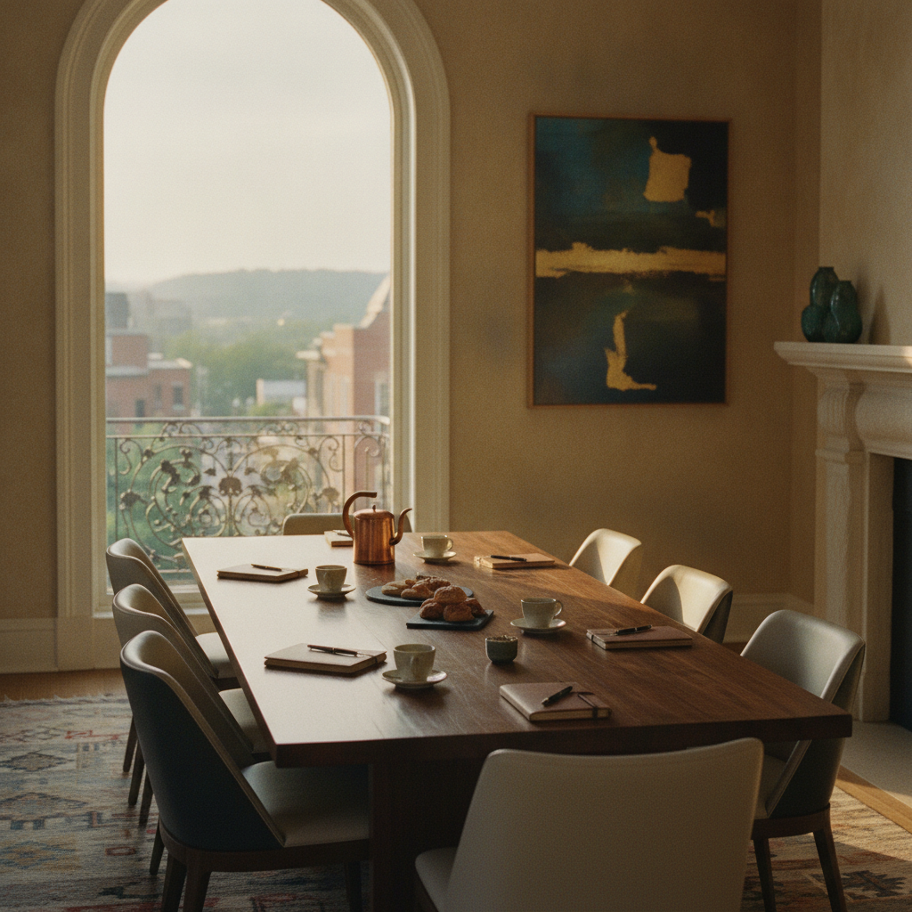 Formal dining room with arched doorway opening to balcony overlooking hillside landscape, wooden table set with place settings and teapot