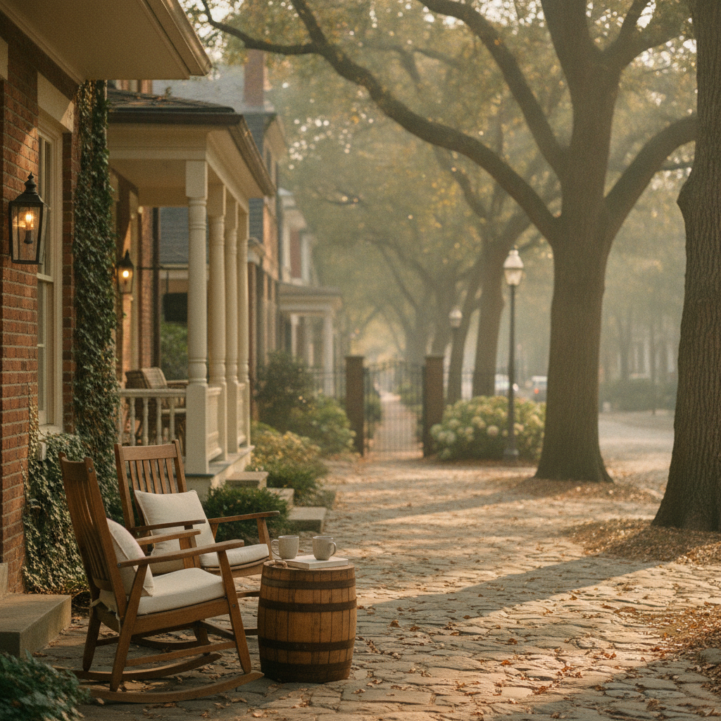 Brick townhouse with wooden chair and barrel table on tree-lined cobblestone street in autumn