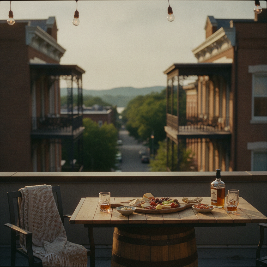 Rooftop terrace with wooden table, charcuterie board, and drinks overlooking historic brick buildings and mountains